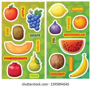 Colorful icons with cartoon fruit stickers isolated on white background. Funny vector illustration with apple, orange, pear, grape, banana, watermelon, lemon, kiwi, melon, pomegranate, fig, coconut