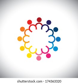 colorful icons of children standing in circle - concept vector. The graphic can also represent employees unity, workers union, executives meeting, friendship, team work & team spirit 