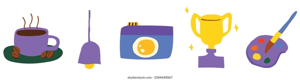 Colorful icons: coffee cup, bell, camera, trophy, paint palette. Vibrant design with purple, blue, yellow. Artistic, creative, fun icons for diverse uses. Vector element set.