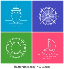 Colorful Icons Cruise Ship, Compass Rose, Lifebuoy, Yacht, Set of Maritime Icons, Line Style, Vector Illustration