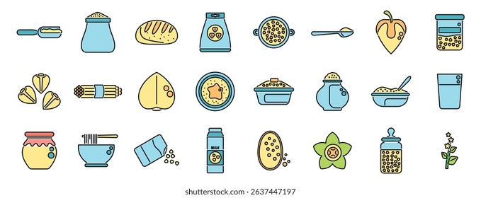 Colorful icons depicting diverse food items and kitchen essentials
