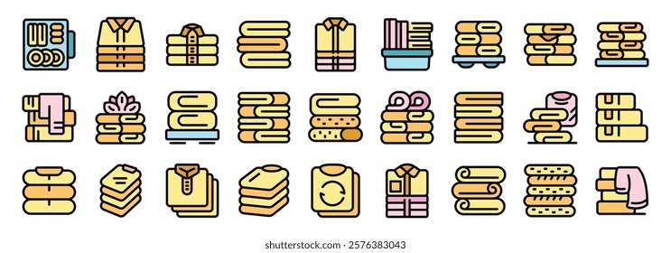 Colorful icons depicting folded and stacked clothes, towels, shirts, blankets and other textiles, symbolizing laundry, housekeeping, organization and textile industry