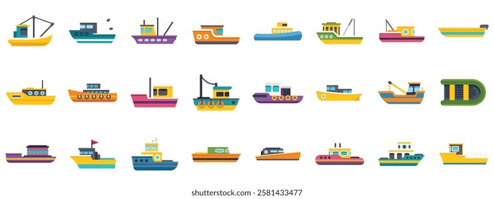 Colorful icons depicting various fishing boats and tugboats, showcasing different types of vessels used for fishing and maritime operations