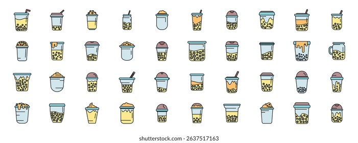 Colorful icons depicting a wide array of bubble tea variations, highlighting different flavors, toppings, and container styles