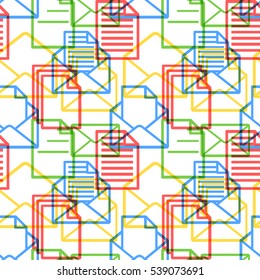 A lot of colorful icons of documents and envelopes on white, seamless pattern