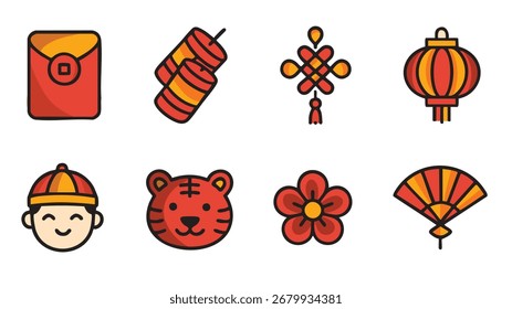 Colorful icons envelope firecracker lantern boy tiger flower fan