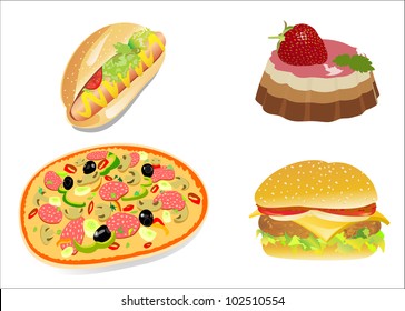 Colorful icons with fast food meals isolated