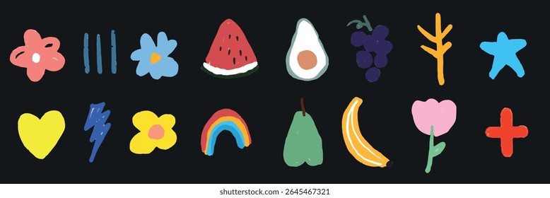 Colorful icons of flowers, fruits, and symbols on a black background. Includes a flower, fruit, and symbol in vibrant colors. Fun and playful design. Food illustrations, isolated element vector set.