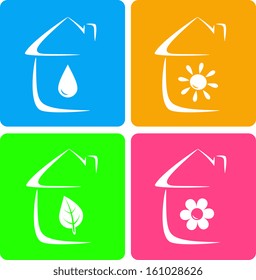 colorful icons of heater, plumbing and landscaping with house silhouette