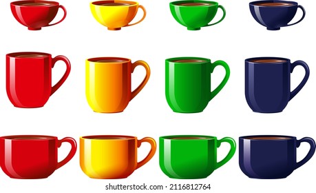 Iconos coloridos. Ilustración vectorial muy detallada de vasos coloridos aislados sobre fondo blanco. Varios tamaños de taza