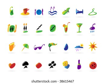 Colorful icons for hotel services, leisure, resort and gambling. Vector illustration.
