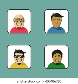 colorful icons of men's faces in flat style. White background of icons. 4 different types of hair style. 2 types of skin color and faces.