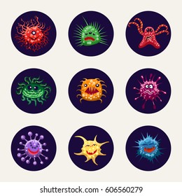Colorful icons with microbes or monsters on blue circles. vector illustration