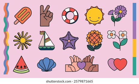 Colorful icons on a pink background: popsicle, peace sign, sun, flowers, watermelon, sailboat, heart, and more. Bright, playful, and cheerful designs. Summer vacation illustrations, vector set.