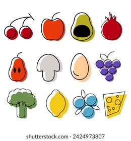 Colorful icons on the theme of proper nutrition . Set of fruits, vegetables.