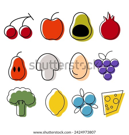 Colorful icons on the theme of proper nutrition . Set of fruits, vegetables.