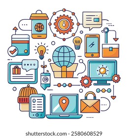 Colorful icons related to online shopping delivery and global reach