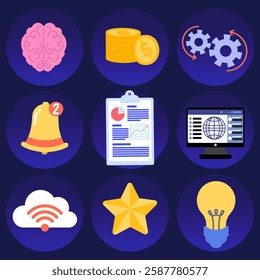 Colorful icons representing key business and technology concepts, including brain, money, gears, and light bulb, symbolizing innovation, strategy, and success