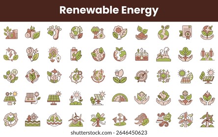 Colorful icons representing renewable energy concepts, featuring solar panels, wind turbines, and eco-friendly symbols in a modern, playful design.