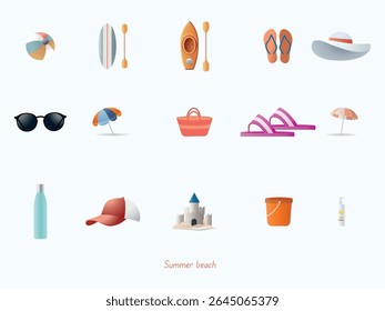 Ícones coloridos que representam atividades de praia de verão, como bolas de praia, pranchas de surfe, caiaques e óculos escuros, capturando uma vibração vibrante e alegre nas férias