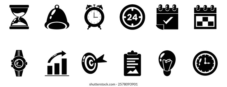 colorful icons representing time management and productivity with black solid color style icons. hourglass, bell, alarm clock, calendar, watch, graphs, target, clipboard, light bulb, and clock