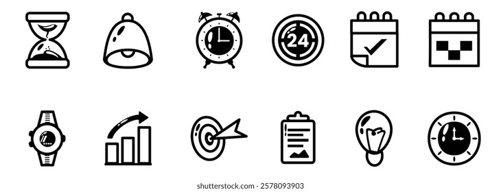 colorful icons representing time management and productivity with black outline style icons. hourglass, bell, alarm clock, calendar, watch, graphs, target, clipboard, light bulb, and clock