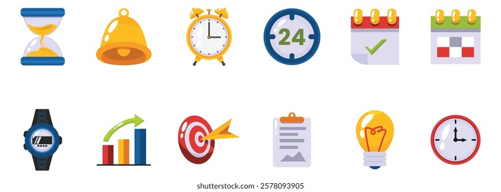 colorful icons representing time management and productivity with flat style icons. hourglass, bell, alarm clock, calendar, watch, graphs, target, clipboard, light bulb, and clock