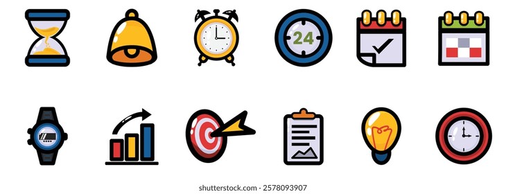 colorful icons representing time management and productivity with filled line art style icons. hourglass, bell, alarm clock, calendar, watch, graphs, target, clipboard, light bulb, and clock