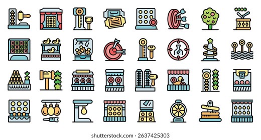 Colorful icons representing various amusement park games and activities, creating a playful and exciting atmosphere