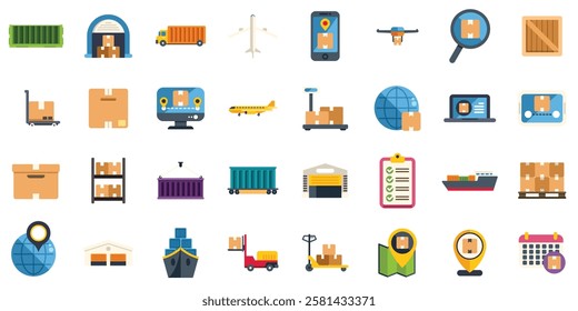 Colorful icons representing various aspects of logistics, delivery, shipping, and transportation methods in modern commerce