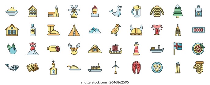 Colorful icons representing various aspects of icelandic culture, from traditional food and clothing to iconic landmarks and wildlife