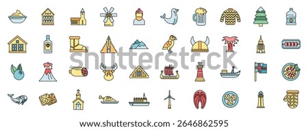 Colorful icons representing various aspects of icelandic culture, from traditional food and clothing to iconic landmarks and wildlife