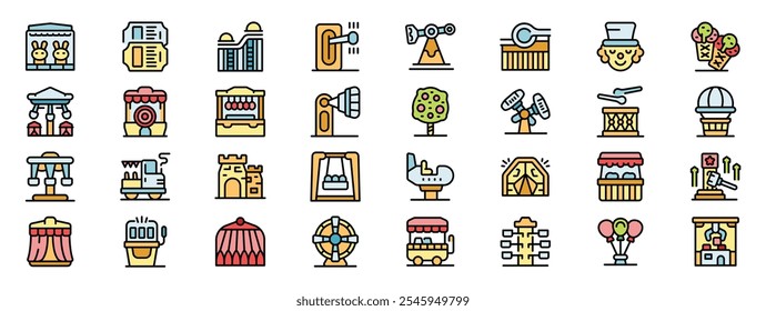 Colorful icons representing various attractions and activities found in amusement parks, creating a vibrant and joyful atmosphere