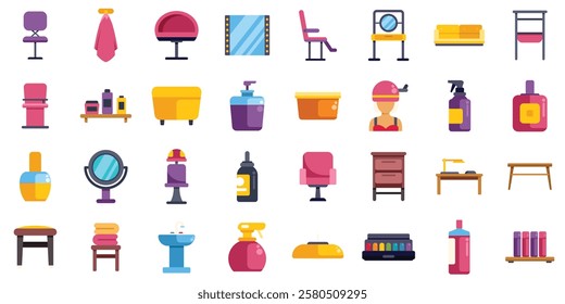 Colorful icons representing various furniture and equipment found in a beauty salon, including chairs, mirrors, dryers, and cosmetic products