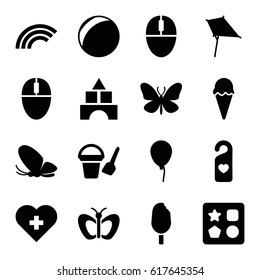 Colorful icons set. set of 16 colorful filled icons such as butterfly, baloon, bucket toy for beach, from toy for beach, toy tower, kite, heart tag, mouse, ice cream, rainbow