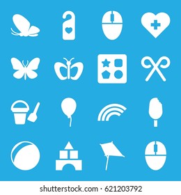 Colorful icons set. set of 16 colorful filled icons such as butterfly, baloon, bucket toy for beach, from toy for beach, toy tower, kite, heart tag, mouse, candy cane