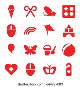 Colorful icons set. set of 16 colorful filled icons such as butterfly, baloon, bucket toy for beach, from toy for beach, toy tower, kite, heart tag, mouse, candy cane