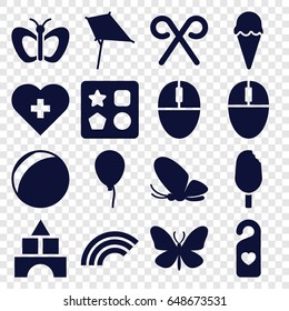 Colorful icons set. set of 16 colorful filled icons such as butterfly, baloon, from toy for beach, toy tower, kite, heart tag, mouse, candy cane, ice cream, rainbow