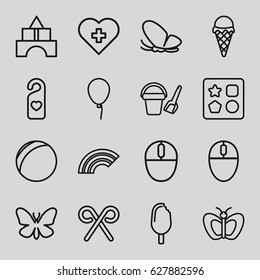 Colorful icons set. set of 16 colorful outline icons such as butterfly, balloon, bucket toy for beach, from toy for beach, toy tower, heart tag, mouse, candy cane, ice cream