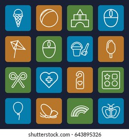 Colorful icons set. set of 16 colorful outline icons such as butterfly, baloon, bucket toy for beach, from toy for beach, toy tower, kite, heart tag, mouse, candy cane