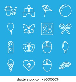 Colorful icons set. set of 16 colorful outline icons such as butterfly, baloon, bucket toy for beach, from toy for beach, toy tower, kite, heart tag, mouse, candy cane