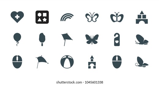 Colorful icons. set of 18 editable filled colorful icons: butterfly, toy tower, kite, heart with cross, heart tag, mouse, rainbow, ice cream, baloon, from toy for beach