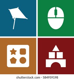 colorful icons set. Set of 4 colorful filled icons such as from toy for beach, toy tower, kite
