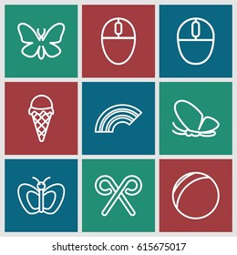 Colorful icons set. set of 9 colorful outline icons such as butterfly, mouse, candy cane, ice cream, rainbow