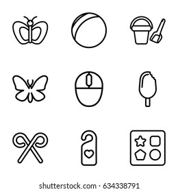 Colorful icons set. set of 9 colorful outline icons such as butterfly, bucket toy for beach, from toy for beach, heart tag, mouse, candy cane, ice cream