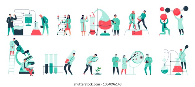 Colorful icons set and biochemical science laboratory staff performing various experiments flat isolated vector illustration
