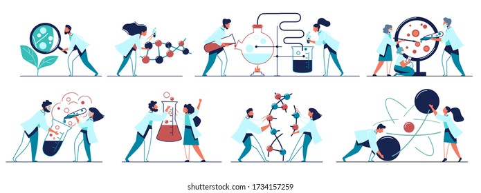 Colorful icons set with biochemical science laboratory staff. Research plant, dna, genome. Performing various experiments and analysis. Flat isolated vector illustration