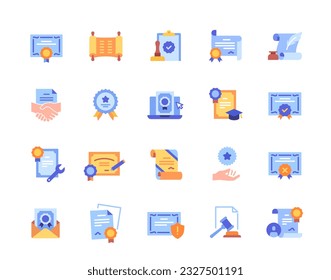 Farbige Symbole mit Diplomen und Zeugnissen. Einfache, helle Aufkleber mit Leasing- und Kaufverträgen, Graduiertendokumenten und Lizenzen. Cartoon-FlachVektorgrafik, einzeln auf weißem Hintergrund