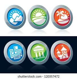Colorful icons set landmarks and landscape over white and black background