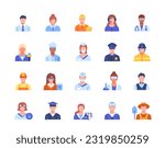 Colorful icons set. Portraits of employee, policeman, surgeon, teacher, delivery man and judge. Stickers with avatars of working people. Cartoon flat vector collection isolated on white background